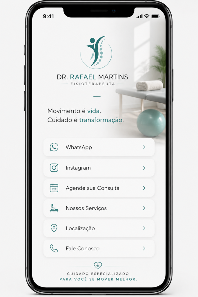 Softlink para clínica de fisioterapia com acesso ao WhatsApp, Instagram, agendamento de consultas, serviços de fisioterapia e localização.