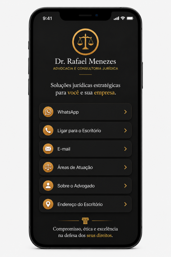 Softlink para escritório de advocacia com acesso ao WhatsApp, telefone, e-mail, áreas de atuação, informações do advogado e endereço do escritório.