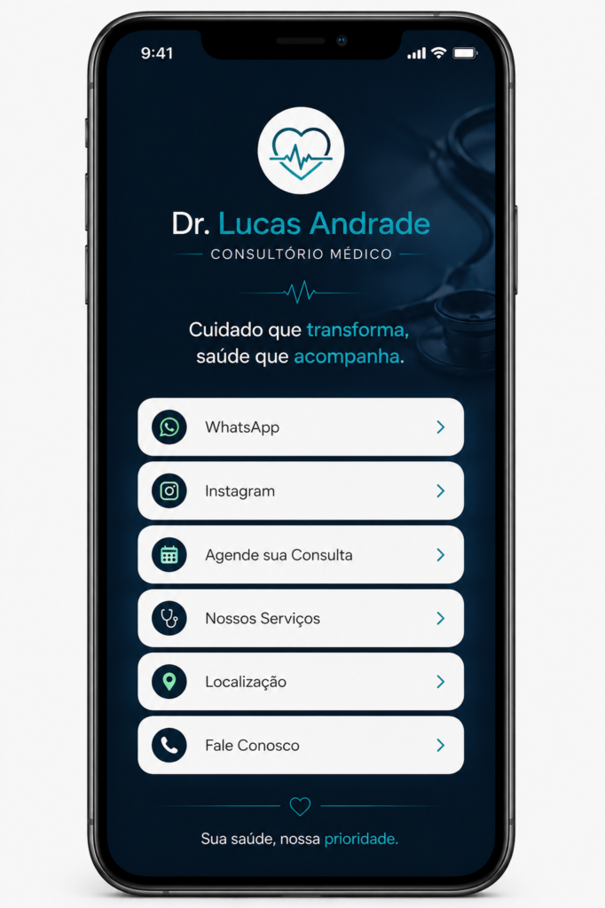 Softlink para consultório médico com acesso ao WhatsApp, Instagram, agendamento de consultas, serviços médicos e localização.