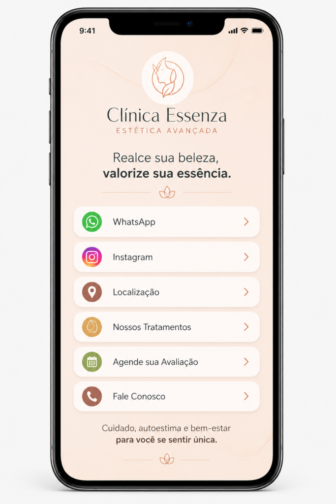 Softlink para clínica de estética com acesso ao WhatsApp, Instagram, tratamentos estéticos, agendamento e localização.