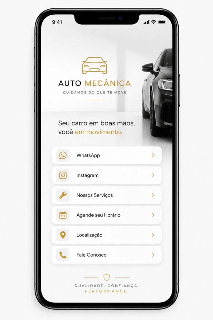 Softlink para oficina mecânica com acesso ao WhatsApp, Instagram, agendamento de serviços, localização e atendimento.