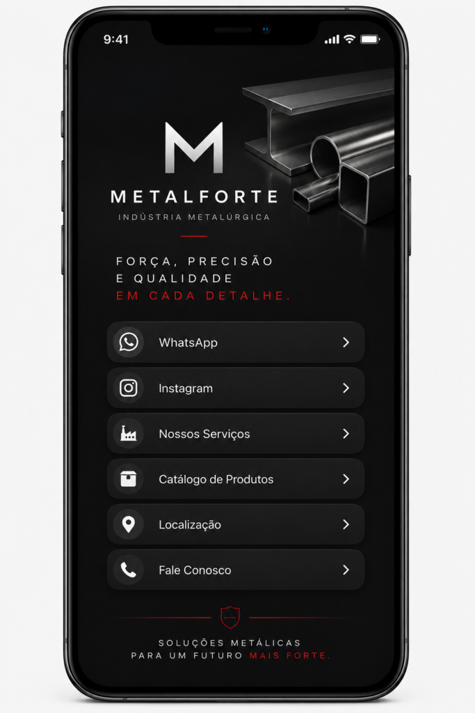 Softlink para indústria metalúrgica com acesso ao WhatsApp, Instagram, catálogo de produtos, serviços industriais e localização.
